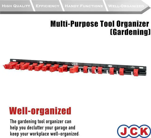 Alt view image 2 of 5 - JCK Professional Quality Aluminum Multi-Purpose Tool Organizer (Gardening) Red clips & Black Aluminum rack Organize Gardening tools with moveable screw-locking secure clips toolbox storage