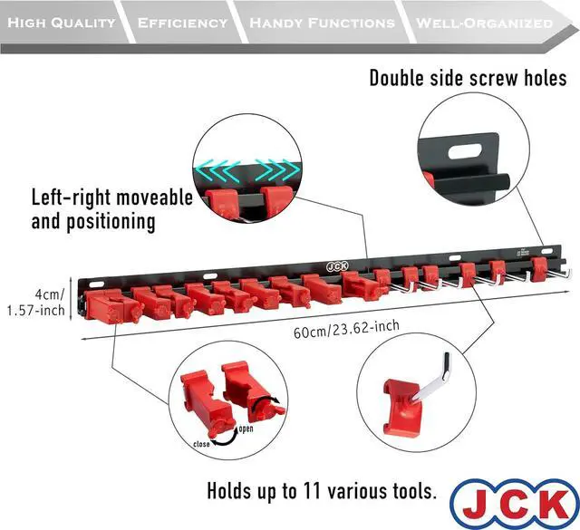 Alt view image 4 of 5 - JCK Professional Quality Aluminum Multi-Purpose Tool Organizer (Gardening) Red clips & Black Aluminum rack Organize Gardening tools with moveable screw-locking secure clips toolbox storage