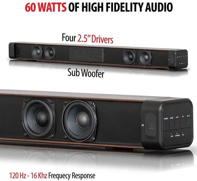 Alt view image 8 of 13 - Deco Gear 60W 2.0 Channel Soundbar with Built-in Dual Subwoofers and Four 2.5" Drivers