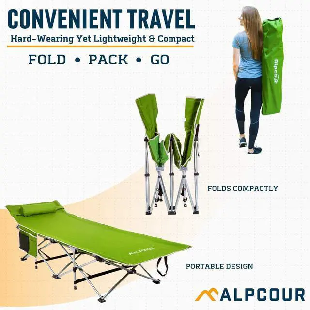Alt view image 9 of 14 - Alpcour Folding Camping Cot Deluxe Collapsible Single Person Bed in a Bag w/Pillow for Indoor & Outdoor Use Ultra Lightweight, Comfortable, Heavy Duty Design Holds Adults & Kids Up to 300 Lbs