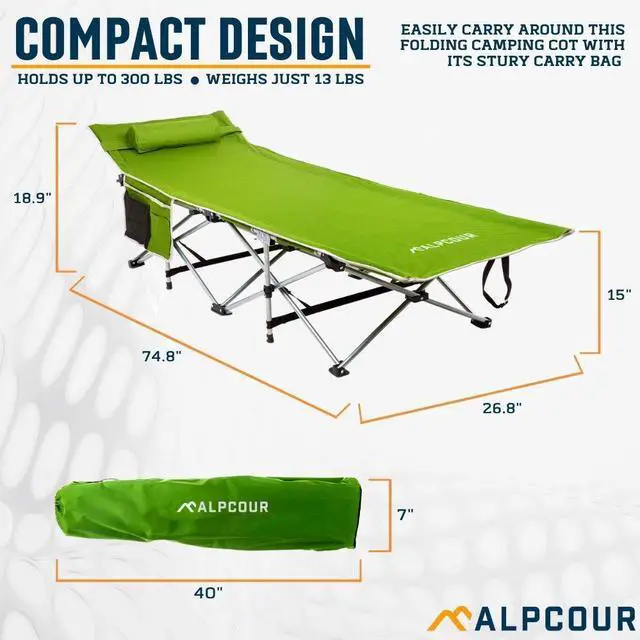 Alt view image 10 of 14 - Alpcour Folding Camping Cot Deluxe Collapsible Single Person Bed in a Bag w/Pillow for Indoor & Outdoor Use Ultra Lightweight, Comfortable, Heavy Duty Design Holds Adults & Kids Up to 300 Lbs