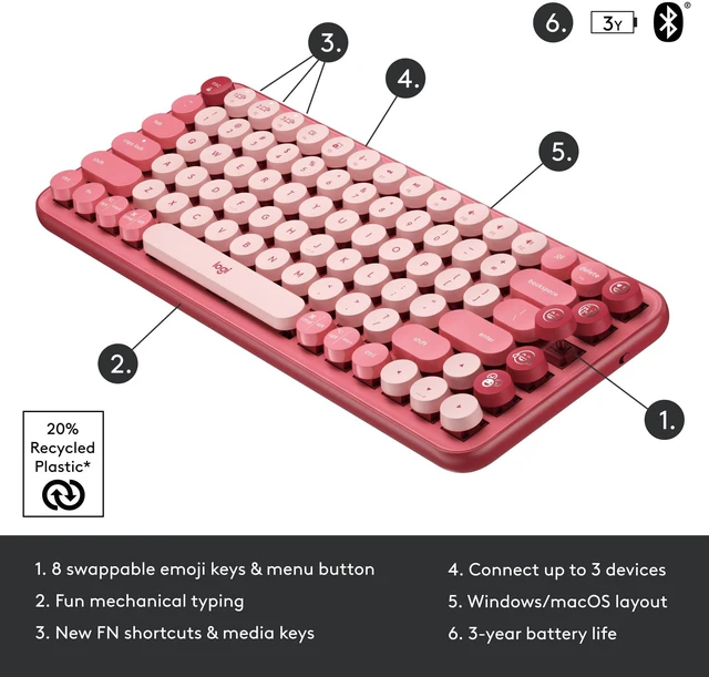 Alt view image 6 of 7 - Logitech POP Keys Wireless Mechanical Keyboard with Emoji Keys - Rose | Customizable emoji keys, durable compact design, Bluetooth or USB connectivity, multi-device, multi-OS compatible