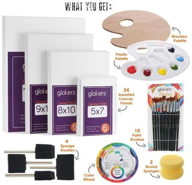 Alt view image 2 of 7 - Glokers Canvas Panels Painting Kit | Art Supplies Set Includes Paint Palette, Sponge Brushes, Canvases, Paintbrushes & Mixing Wheel | Warp-Free Painting Canvas Great for Acrylic, Oil & Watercolor