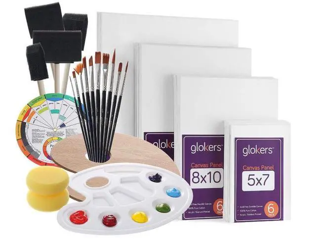 Main image of Glokers Canvas Panels Painting Kit | Art Supplies Set Includes Paint Palette, Sponge Brushes, Canvases, Paintbrushes & Mixing Wheel | Warp-Free Painting Canvas Great for Acrylic, Oil & Watercolor