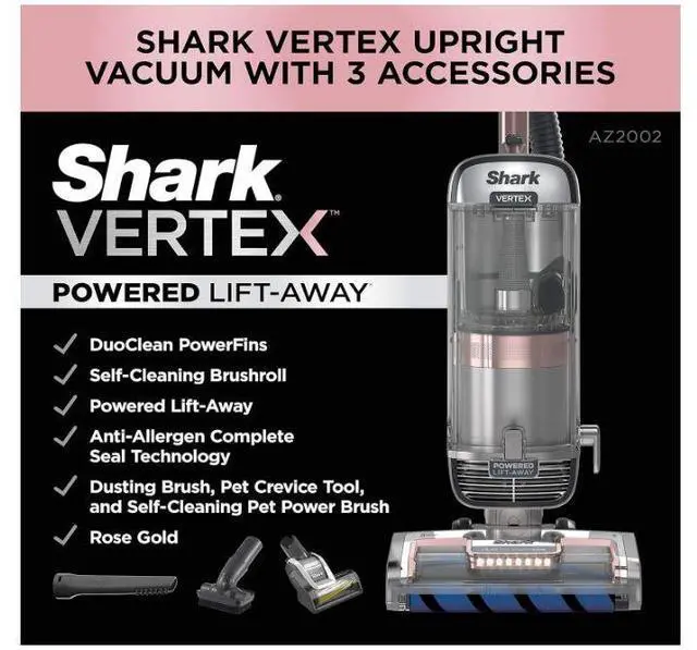 Alt view image 3 of 7 - Shark AZ2002 Vertex DuoClean PowerFins Upright Vacuum with Powered Lift-Away Self-Cleaning Brushroll and HEPA Filter, 1 Quart Dust Cup Capacity, Rose Gold