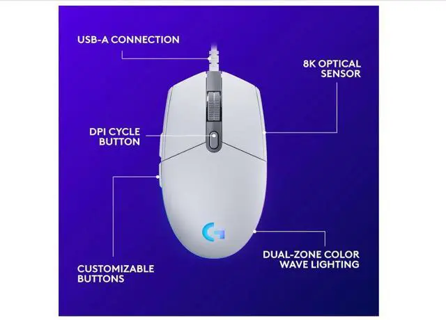 Alt view image 5 of 5 - Logitech G203 Wired Gaming Mouse | 8,000 DPI, LIGHTSYNC RGB, 6 Programmable Buttons PC/Mac Compatible White Grade A