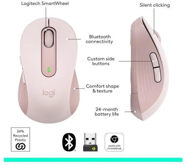 Alt view image 5 of 5 - Logitech Signature M650 Mouse - Optical - Wireless - Bluetooth/Radio Frequency - Rose - USB - 2000 dpi - Scroll Wheel - 5 Button(s) - 5 Programmable Button(s) - Medium Hand/Palm Size