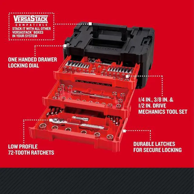Alt view image 3 of 7 - CRAFTSMAN Socket Set with Case VERSASTACK 230 Pcs Mechanics Tool Set, 1/4 in, 3/8 in, and 1/2 Drive, Standard and Deep Socket Set, Short and Long Arm Hex Keys (CMMT45306)