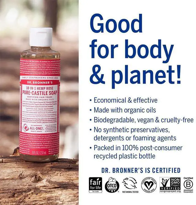 Alt view image 4 of 7 - Dr. Bronner's - Pure-Castile Liquid Soap (Rose, 16 ounce) - Made with Organic Oils, 18-in-1 Uses: Face, Body, Hair, Laundry, Pets and Dishes, Concentrated, Vegan, Non-GMO