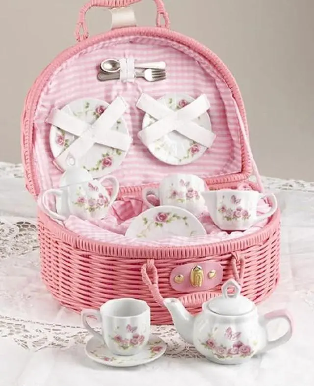 Alt view image 3 of 3 - Delton Tea Set for 2, Pink - Porcelain Ceramic, Butterfly & Rose Design, Includes Teapot, Creamer, Sugar Bowl, 2 Cups, 2 Saucers, 2 Plates, 2 Forks, 2 Spoons - Ages 6-15, Indoor Use