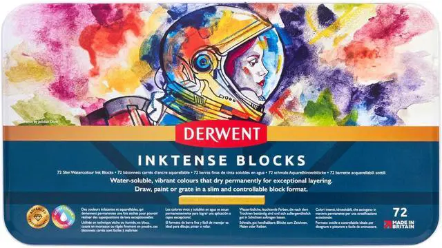 Alt view image 2 of 7 - Derwent Inktense Blocks 72 Tin, Set of 72, 8mm Block, Soft Texture, Watersoluble, Ideal for Watercolor, Drawing, Coloring, Crafts and Painting on Paper and Fabric, Professional Quality (2301980)