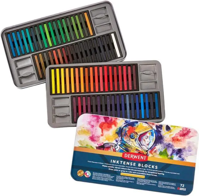 Main image of Derwent Inktense Blocks 72 Tin, Set of 72, 8mm Block, Soft Texture, Watersoluble, Ideal for Watercolor, Drawing, Coloring, Crafts and Painting on Paper and Fabric, Professional Quality (2301980)
