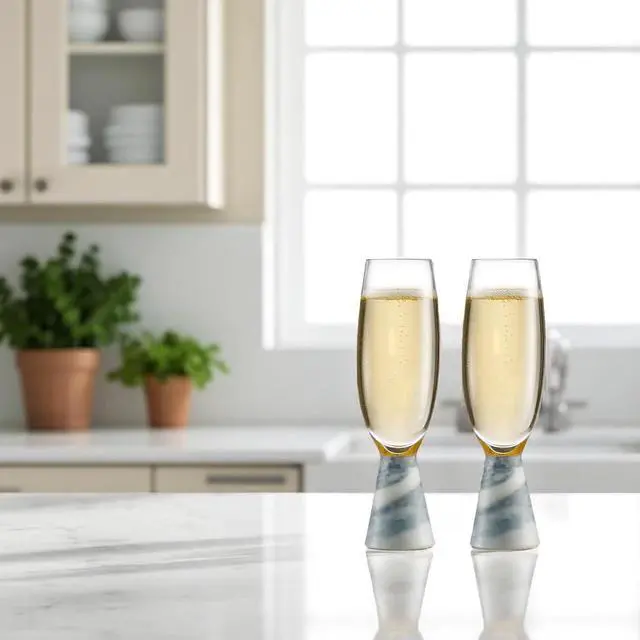 Alt view image 2 of 5 - QUALIA Marble Flute Glasses Set of 2, 6 oz Crystal Champagne Flutes with Marble Base, Elegant Mimosa Cups, Prosecco Glasses, Cute Wedding Toasting Cups, Fancy Glassware for Bridesmaids, Wedding Gifts