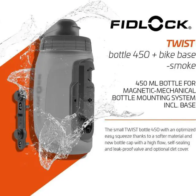 Alt view image 2 of 7 - FIDLOCK Twist Bottle 450ml/15oz + Base Systems | New Leak-Proof, Self-Sealing Bottle Cap | Bike Water Bottle Holder with No Screws & Attached Bottle | Cage Free Magnetic Rack | Smoke
