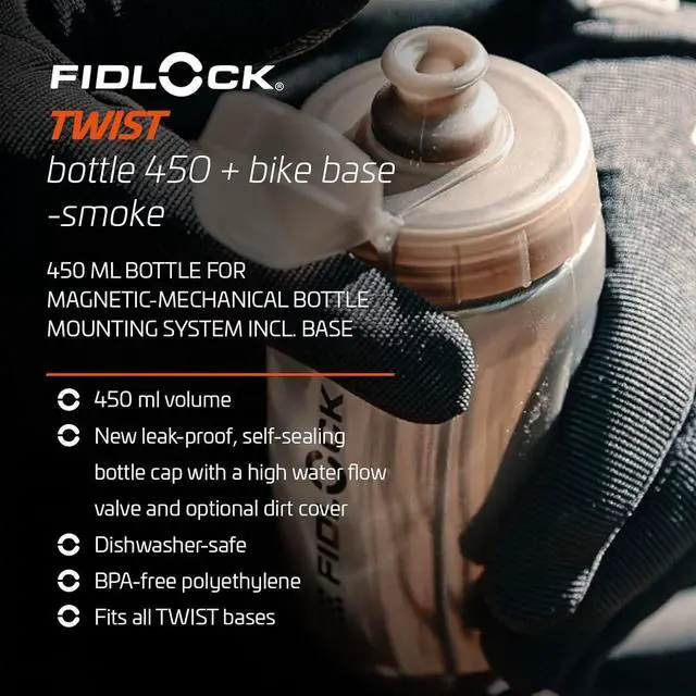 Alt view image 3 of 7 - FIDLOCK Twist Bottle 450ml/15oz + Base Systems | New Leak-Proof, Self-Sealing Bottle Cap | Bike Water Bottle Holder with No Screws & Attached Bottle | Cage Free Magnetic Rack | Smoke