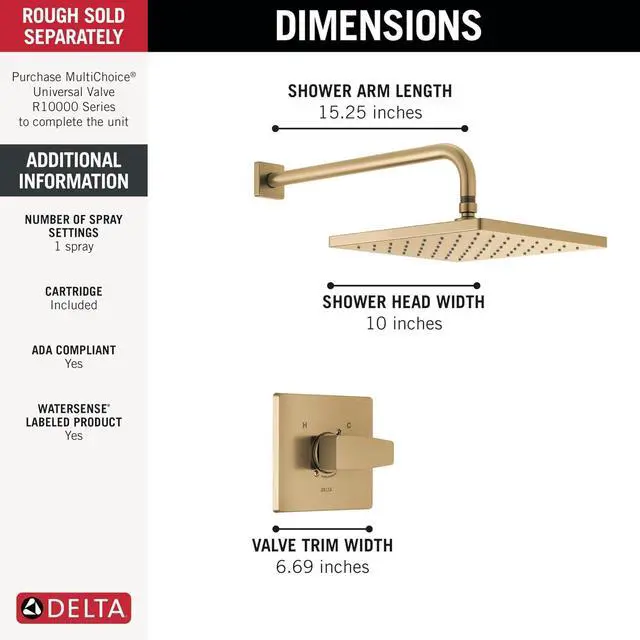 Alt view image 3 of 7 - Delta Modern 14 Series Square Rain Shower Faucet Set, Brushed Gold Shower Head and Handle Set, Valve Trim Kit, Champagne Bronze T14268-CZ-PP (Valve Not Included)