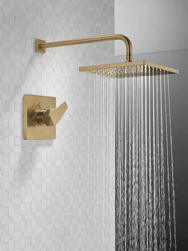 Alt view image 4 of 7 - Delta Modern 14 Series Square Rain Shower Faucet Set, Brushed Gold Shower Head and Handle Set, Valve Trim Kit, Champagne Bronze T14268-CZ-PP (Valve Not Included)