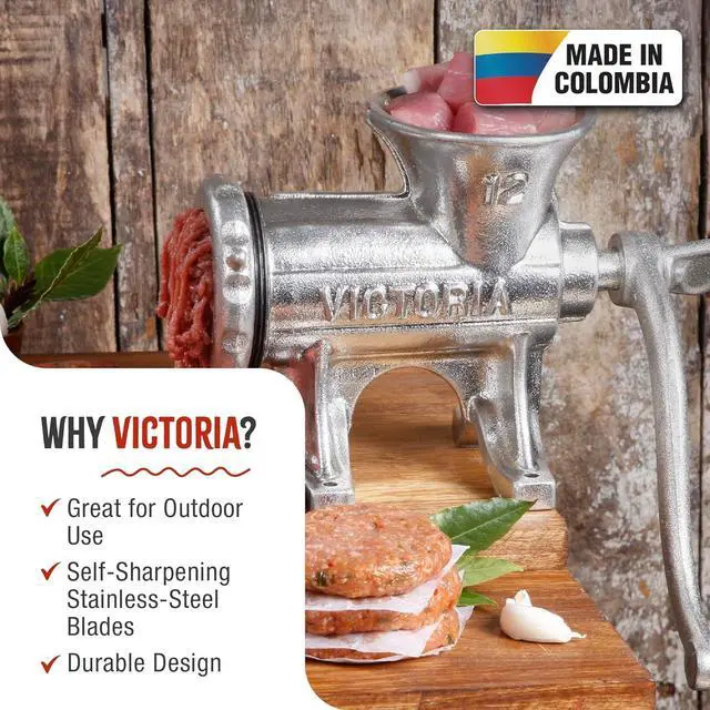 Alt view image 3 of 6 - Victoria Cast Iron Meat Grinder with a Table Fixed Mount, Manual Sausage Grinder and Meat Mincer, Number 12, Made in Colombia