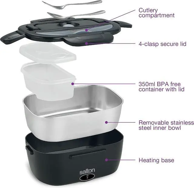 Alt view image 3 of 7 - Salton Electric Lunchbox Food Heater 3-in-1 Portable Food Warmer for Car & Home, 1.5L Heated Lunch Box with Fork & Spoon (SP2111)