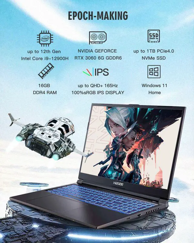 Alt view image 4 of 7 - Hasee T8 (16'', i5-12500H, RTX3060), Gaming Laptop, i5-12500H 4.5GHz, 16G DDR4 RAM, 512G NVMe PCIe4.0 SSD, RTX3060 6G GDDR6, 16'' 2.5K 165Hz IPS Display, RGB KB, WiFi6, BT5.2, Win11, Obsidian Black