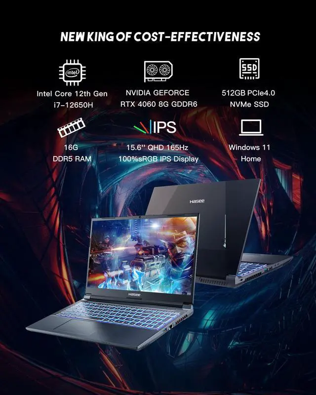Alt view image 3 of 6 - Hasee Z8 (15.6'', i7-12650H, RTX4060), Gaming Laptop, i7-12650H 4.7GHz, 16G DDR5 RAM, 512G NVMe PCIe4.0 SSD, RTX4060 8G GDDR6, 15.6'' QHD 165Hz 100%sRGB Display, RGB KB, WF6, BT5.2, Win11, Ore Black