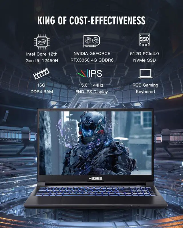 Alt view image 2 of 6 - Hasee Z8 (15.6'', i5-12450H, RTX3050), Gaming Laptop, i5-12450H 4.4GHz, 16G DDR4 RAM, 512G NVMe PCIe4.0 SSD, RTX3050 4G GDDR6, 15.6'' 144Hz 1920x1080 FHD IPS Display, RGB KB, WF6,BT, Win11, Ore Black