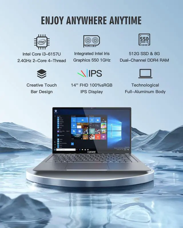 Alt view image 2 of 6 - Hasee X4 (14'', i3, Full-Aluminum), Touch Bar Laptop Computer, i3-6157U 2.4GHz 2-Core, 8G Dual-Channel DDR4 RAM, 512G M.2 SSD, 14'' FHD 100%sRGB IPS Display, Backlit KB, WF, BT, Win11, Dusty Blue