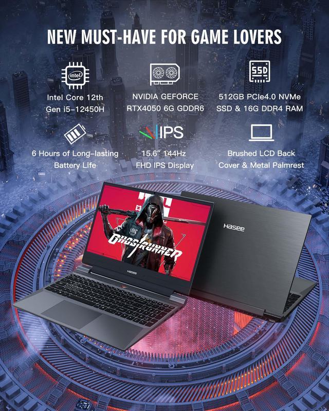 Hasee S8 (15.6'', i5-12450H, RTX4050), Gaming Laptop, i5-12450H 4.4GHz, 16G  DDR4 RAM, 512G NVMe PCIe4.0 SSD, RTX4050 6G GDDR6, 15.6'' 144Hz FHD IPS 