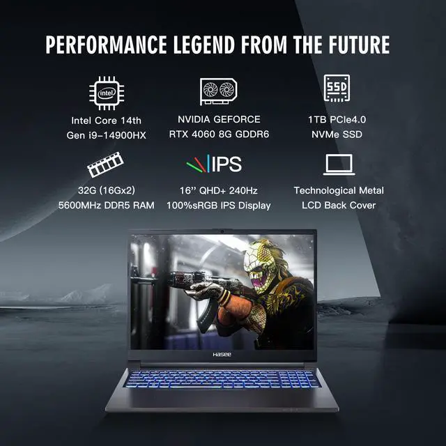 Alt view image 5 of 7 - Hasee T8 (16'', i9-14900HX, RTX4060), Gaming Laptop, i9-14900HX 5.8GHz, 32G (16Gx2) DDR5 5600MHz RAM, 1T PCIe4.0 SSD, RTX4060 8G, 16'' 2.5K 240Hz IPS Display, RGB KB,WF 6E,BT5.3,Win11,BlackHole Black