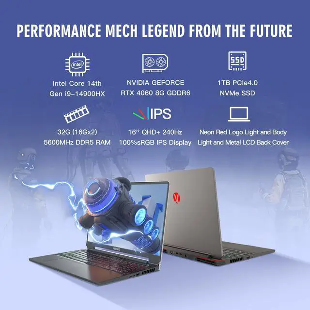 Alt view image 2 of 6 - Hasee T8 (16'', i9-14900HX, RTX4060), Neon Gaming Laptop, i9-14900HX 5.8GHz, 32G (16Gx2) DDR5 5600MHz RAM, 1T PCIe4.0 SSD, RTX4060 8G, 16'' 2.5K 240Hz IPS Display, RGB KB,WF 6E,BT5.3,Win11,Mecha Grey