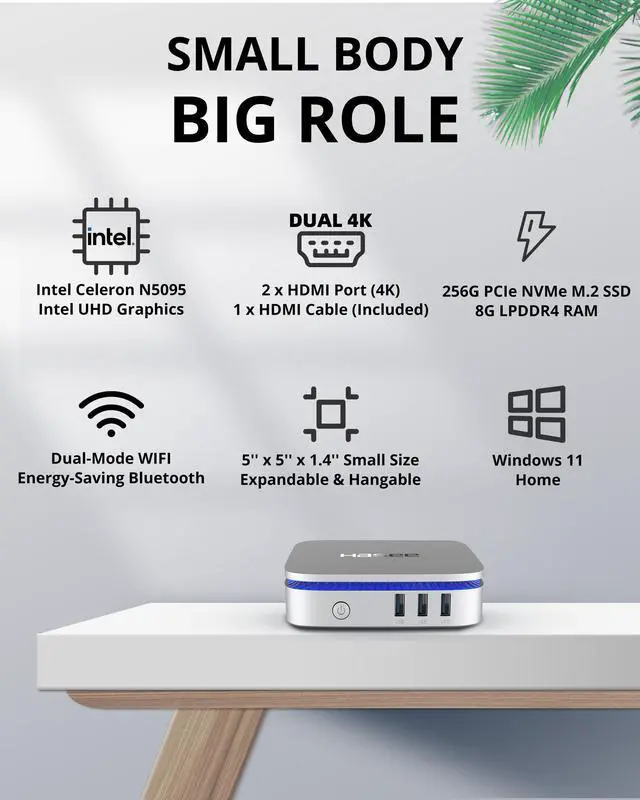 Alt view image 2 of 6 - Hasee M6 (Intel, Dual-Screen 4K, WiFi), Mini PC, Intel Celeron N5095 2.9GHz 4-Core, 8G LPDDR4 RAM, 256G M.2 NVMe PCIe SSD, 2 x HDMI 4K UHD with HDMI Cable, Blue Backlit, 5G Wifi, BT,Win11,Lunar Silver