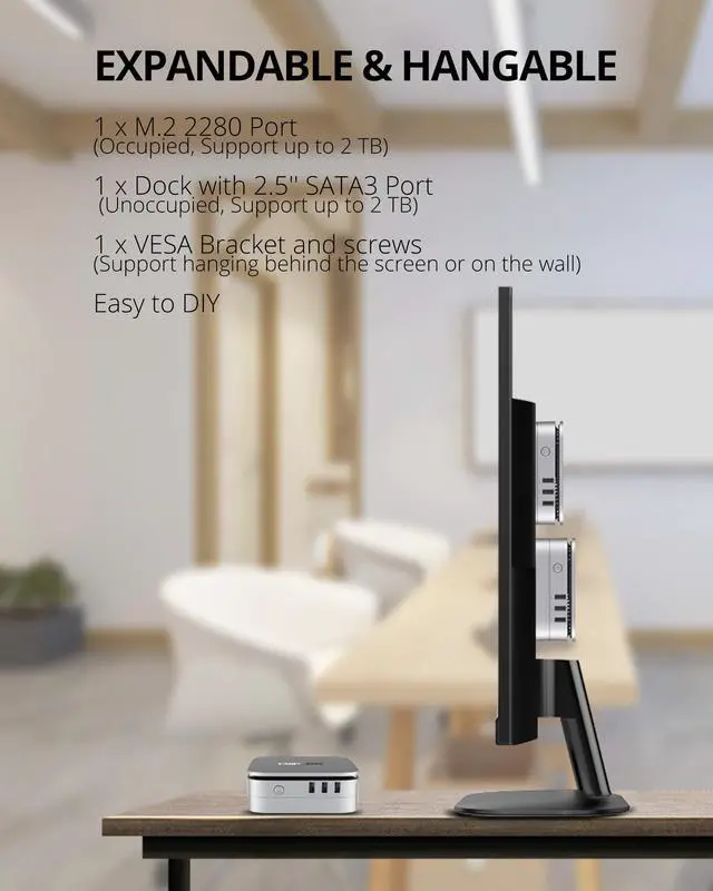 Alt view image 5 of 6 - Hasee M6 (Intel, Dual-Screen 4K, WiFi), Mini PC, Intel Celeron N5095 2.9GHz 4-Core, 8G LPDDR4 RAM, 256G M.2 NVMe PCIe SSD, 2 x HDMI 4K UHD with HDMI Cable, Blue Backlit, 5G Wifi, BT,Win11,Lunar Silver