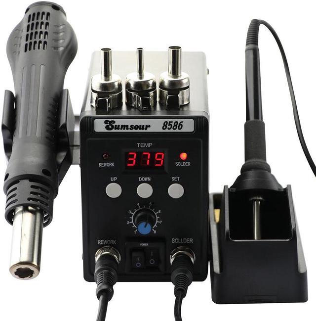 882D Soldering Iron Station 2-IN-1 SMD Hot Air Rework Station with 2 Spools  of Solder Wire, 5 Soldering Tips, 3 Hot Air Nozzles, Brass Wool Tip