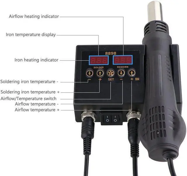 Alt view image 2 of 7 - 8898 2 in 1 Soldering Station Digital Display Hot Air Gun Welding Rework For Cell-Phone BGA SMD PCB IC Repair Solder Iron Tools