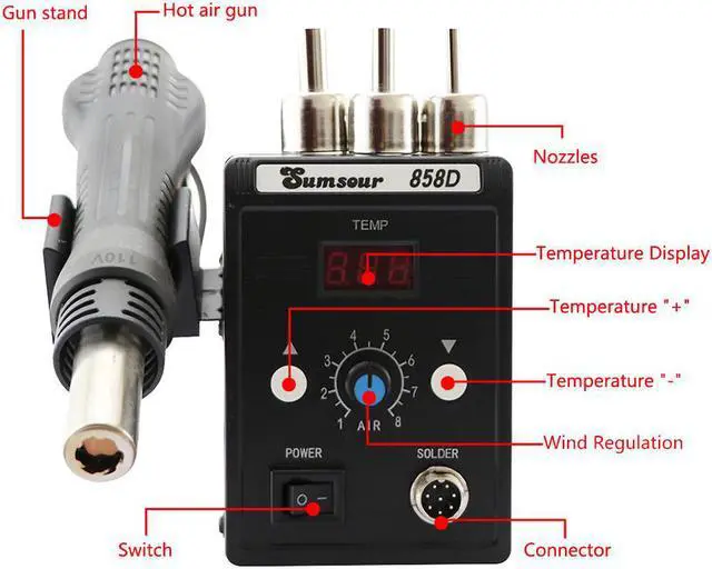Alt view image 2 of 7 - New Black 858D Soldering Station LED Digital Display Soldering Iron Desoldering Station BGA Rework Soldering Station Tool Kit