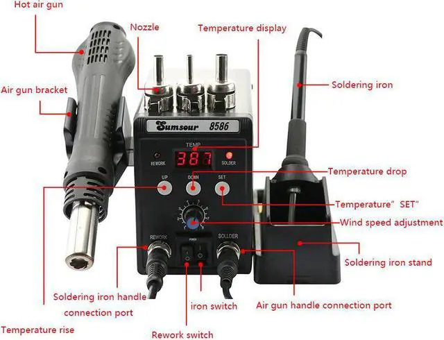 Alt view image 2 of 7 - 2 in 1 Soldering Station 8586 Digital Display SMD Rework Hot Air Gun Solder Iron 220V ESD Welding Desoldering Repair Tools