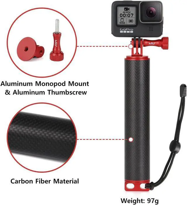 Alt view image 4 of 6 - HSU Waterproof Floating Carbon Fiber Hand Grip Compatible with GoPro Hero 10 Black/Hero 9 Black, Handle Mount for Hero 8/7/6/5/4/ AKASO Campark Osmo Action Camera/Xiao Yi Action Camera