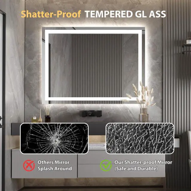 Alt view image 6 of 7 - SKYTREE LED Bathroom Mirror With Lights, 48×36 Inch, Wall Vanity LED Mirror Tempered Glass Stepless Dimmable, Double Front And Back Light, Anti-Fog, Memory Smart Mirror For Bathroom