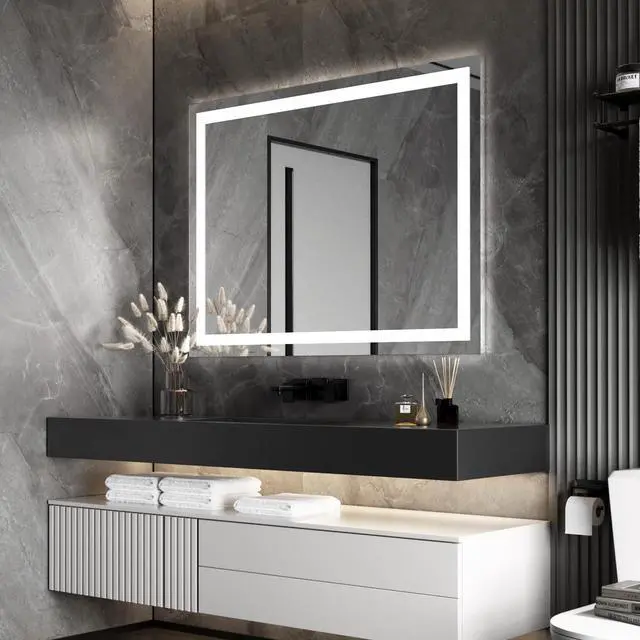 Alt view image 2 of 7 - SKYTREE LED Bathroom Mirror With Lights, 48×36 Inch, Wall Vanity LED Mirror Tempered Glass Stepless Dimmable, Double Front And Back Light, Anti-Fog, Memory Smart Mirror For Bathroom