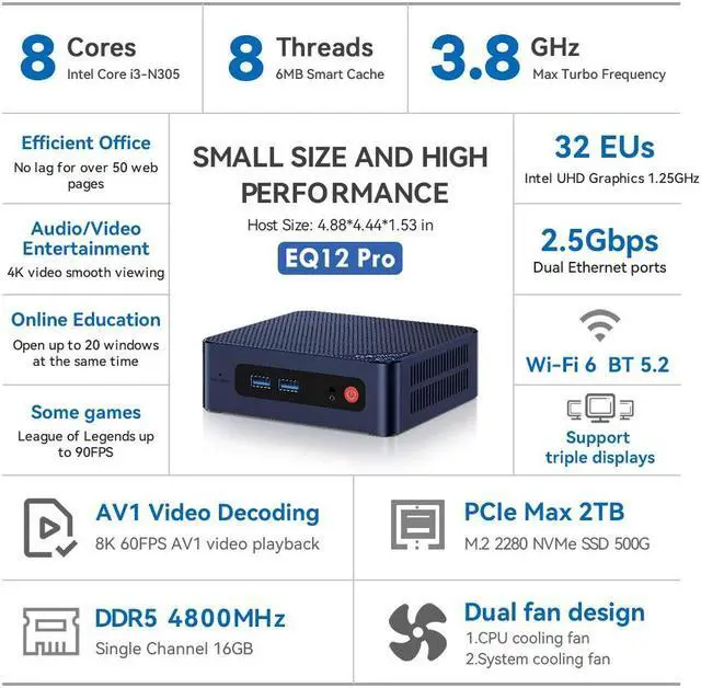 Alt view image 7 of 7 - Beelink Mini PC EQ12 Intel 12th Gen N100(up to 3.4GHz) 4C/4T Mini Computer 16GB DDR5 RAM 500GB SSD Desktop PC Triple Display USB-C&Dual HDMI 4K 60Hz/Dual 2.5Gbps/WiFi6/BT5.2 WIndows 11 PRO