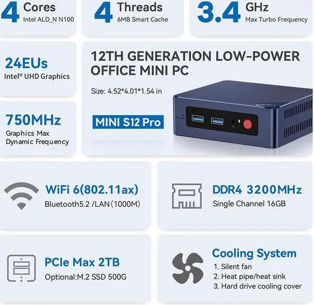 Alt view image 3 of 7 - Beelink MINI S12 PRO N100 up to 3.4Ghz Mini PC RAM 16GB SSD 500GB DDR4 3200MHz Dual HDMI 4K 60HZ 4 Core WIndows 11 Official Desktop Computers