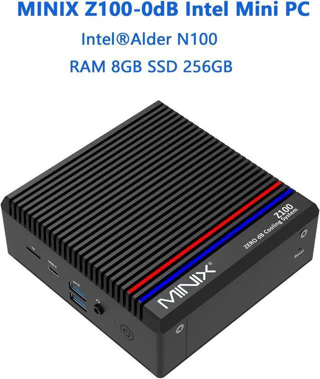 Main image of Jasminer MINIX NEO Z100-0dB Intel N100 Fanless Mini PC up to 3.4Ghz RAM 8GB SSD 256GB M.2 PCIe Gen3 x 4 NVMe DDR4 Windows 11 Pro Desktop Computer, 4K Dual Display/2.5G LAN