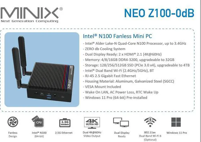 Alt view image 3 of 7 - Jasminer MINIX NEO Z100-0dB Intel N100 Fanless Mini PC up to 3.4Ghz RAM 8GB SSD 256GB M.2 PCIe Gen3 x 4 NVMe DDR4 Windows 11 Pro Desktop Computer, 4K Dual Display/2.5G LAN