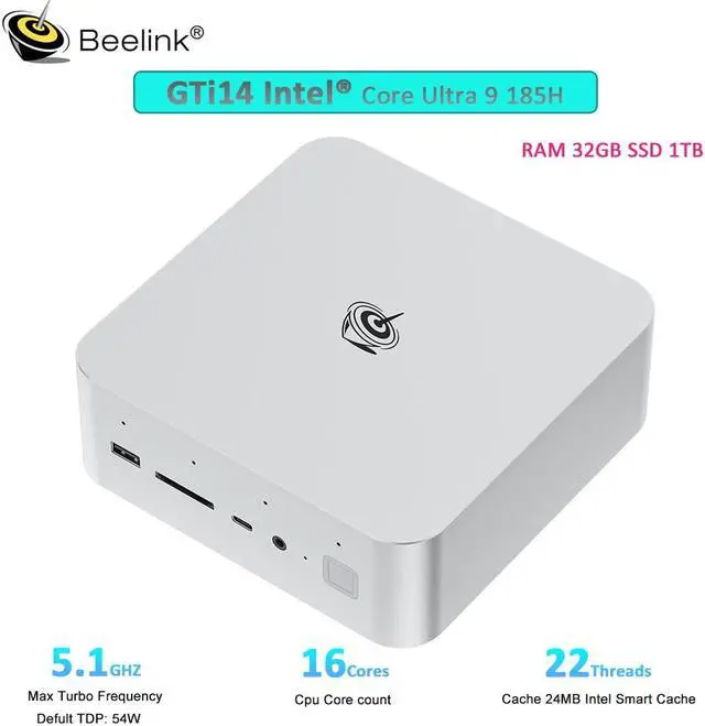 Main image of Beelink Gti14 Mini PC Intel Core Ultra9 185H 16C/22T Up To 5.1GHz RAM32GB DDR5 SSD1TB WIFI7 BlueTooth5.4 Gaming Mini Desktop Computer Fingerprint