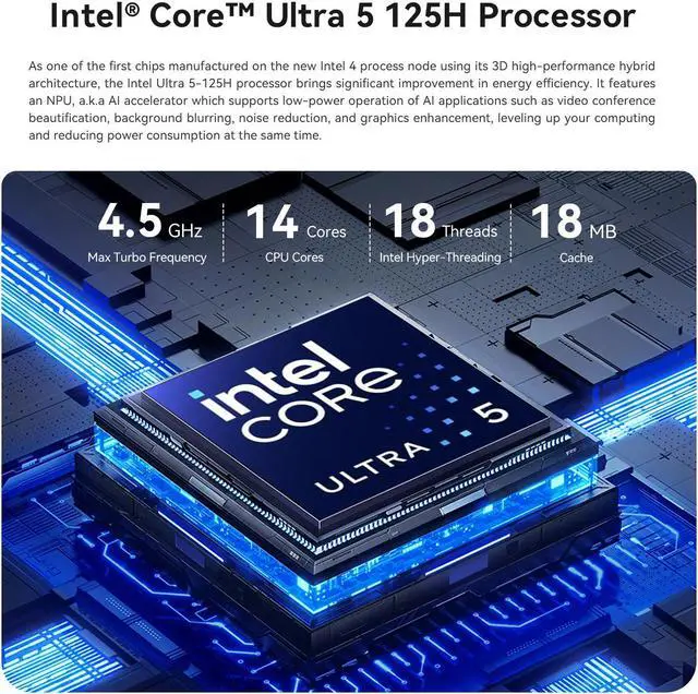 Alt view image 5 of 7 - Beelink SEi14 Intel Ultra 5 125H Up To 4.5GHz 14C/18T Desktop Computer 32GB DDR5 5600MHz 1TB PCIe4.0 SSD Support AI Windows11 Pro Gaming Mini PC
