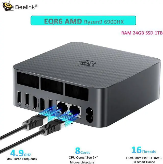 Main image of Beelink Mini PC EQR6 AMD Ryzen9 6900HX 8C/16T 24GB DDR5 4800MHz RAM 1TB PCle4.0 SSD Dual LAN Desktop Gaming Computer Quiet Office PC