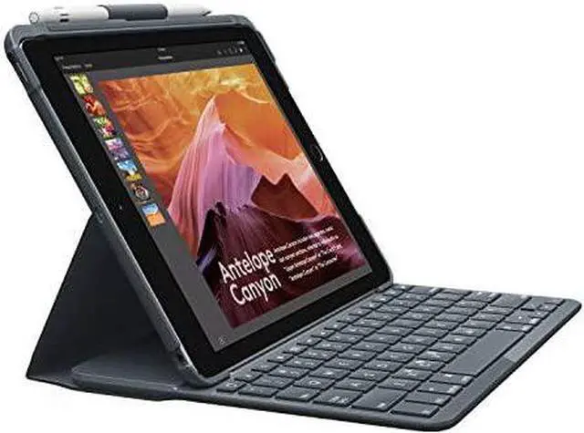 Alt view image 17 of 20 - Logitech 9.7" Slim Folio with Integrated Bluetooth Keyboard Case for Apple iPad 5th and 6th Gen 920-009017, Black