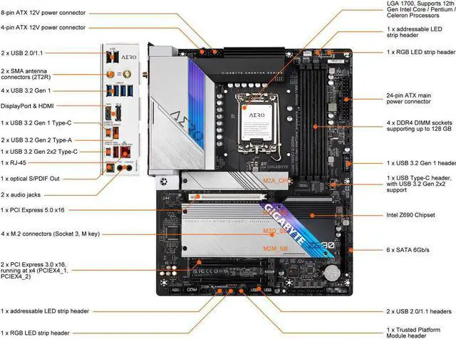 Alt view image 4 of 5 - Gigabyte Z690 AERO G DDR4 Intel LGA 1700 ATX Motherboard