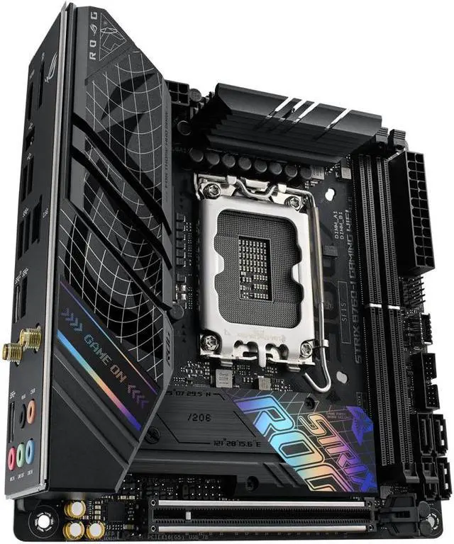 Main image of ASUS ROG Strix B760-I Gaming WiFi Intel B760(13th and 12th Gen) LGA 1700 mini-ITX motherboard, 8 + 1 power stages, DDR5 up to 7600 MT/s, PCIe 5.0, two M.2 slots, WiFi 6E, USB 3.2 Gen 2x2 Type-C