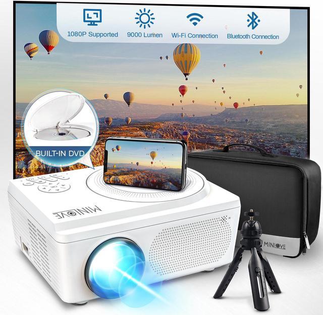 WiFi Bluetooth Projector Built in DVD Player, MINLOVE 1080P Supported  Portable DVD Projector, Mini Video Movie Projector for Outdoor, Zoom   Sleep Timer Support, Compatible with TV/HDMI/VGA/AV/USB/TF